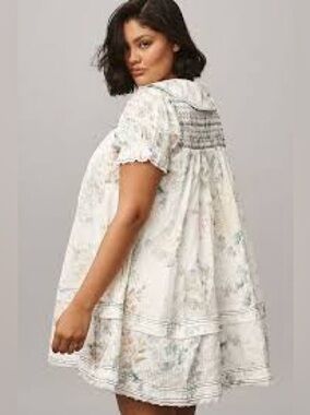 Anthropologie Pilcro Cream Smocked Babydoll Dress with Puff Sleeves